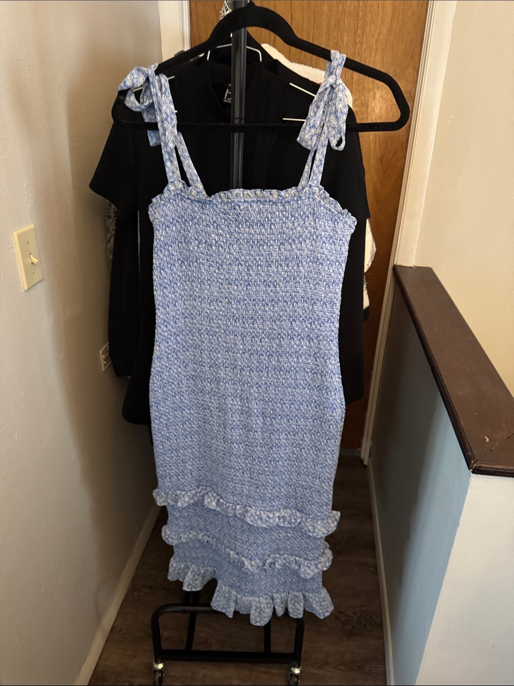 Altar’d State Blue Floral Tie-Shoulder Smocked Midi Dress